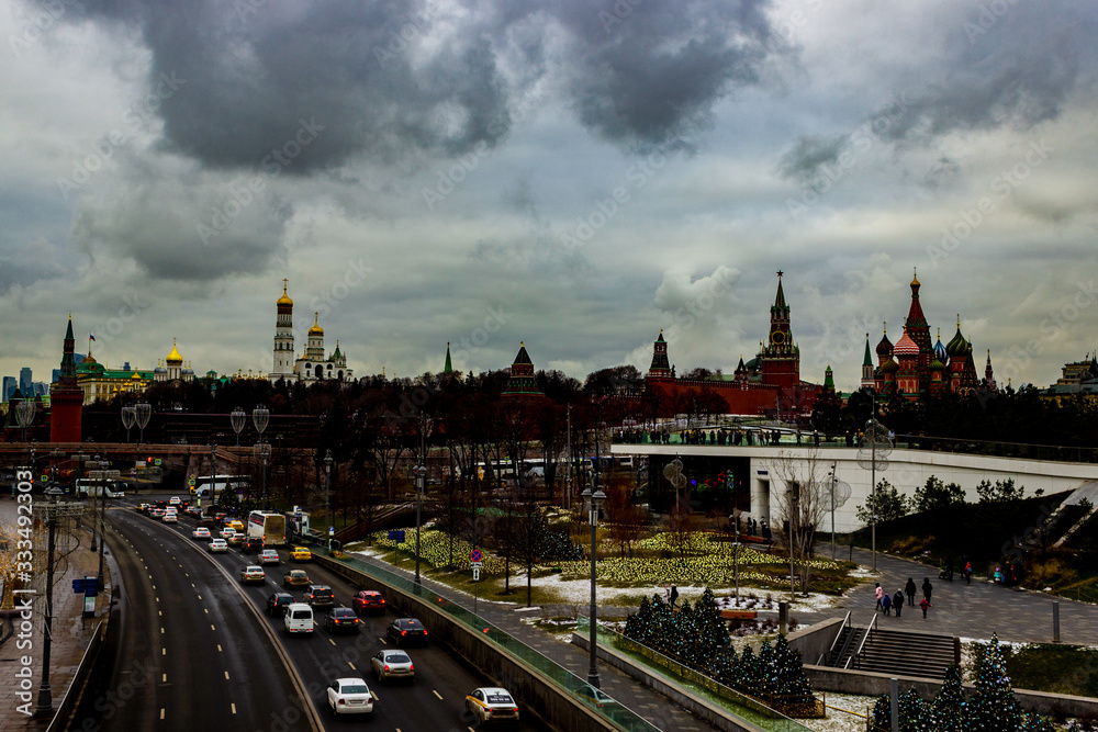Moscow, Park Zaryadye  /  View at Kremlin and Park Zaryadye from the floating bridge in the park zaryadye .