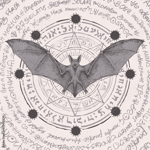 Hand-drawn vector banner on the theme of coronavirus with scare bat, viral cells and magic runes. Mystic mandala in retro style with dangerous Covid-19 virions.