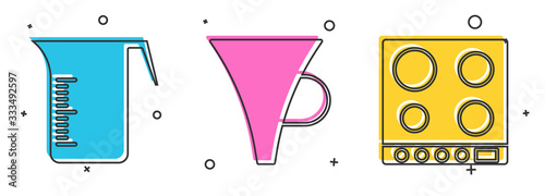 Set Measuring cup, Funnel or filter and Gas stove icon. Vector