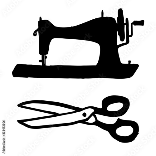 Old sewing machines and scissors are hand drawn on a white background