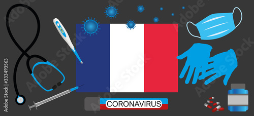 Vector illustration of a coronavirus epidemic in France.Protective mask, gloves, medicines and medical equipment.French flag and coronavirus blood sample.Coronavirus 2019-nCoV.Graphic element. 
