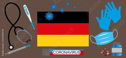 Vector illustration of a coronavirus epidemic in Germany.Protective mask, gloves, medicines and medical equipment.German flag and coronavirus blood sample.Coronavirus 2019-nCoV.Graphic element.