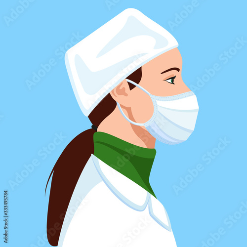 Beautiful woman physician, hospital nurse with a medical face mask in a medical cap profile avatar. Healthcare personal. Therapist. Vector Illustration.