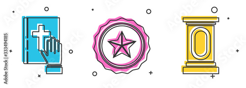 Set Oath on the Holy Bible, Police badge and Stage stand or debate podium rostrum icon. Vector