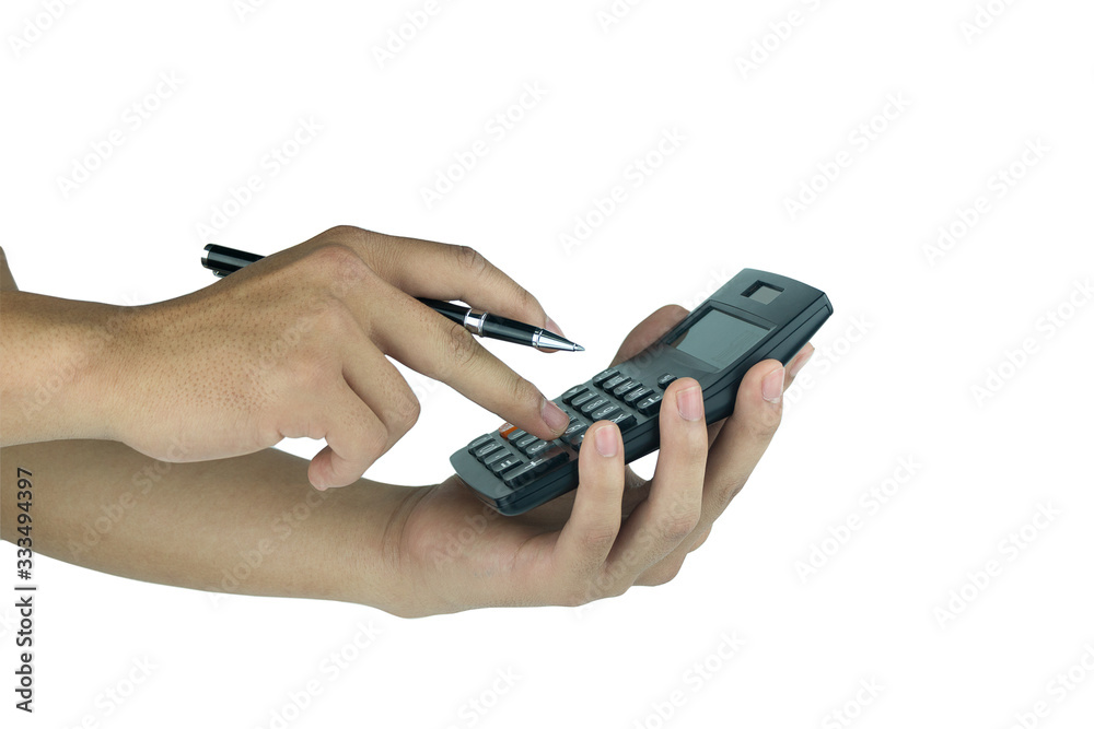 A man's hand holds a calculator isolated on a white background with clipping path. A man's hand holds a calculator isolated on a white background with clipping path.