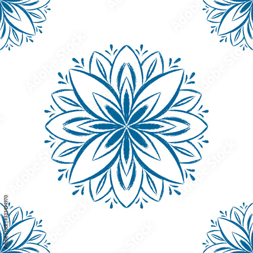 Blue mandala seamless pattern design. Doodle flower illustration.