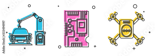 Set Industrial machine robotic robot arm hand, Electronic computer components motherboard digital chip and Drone flying with action camera icon. Vector