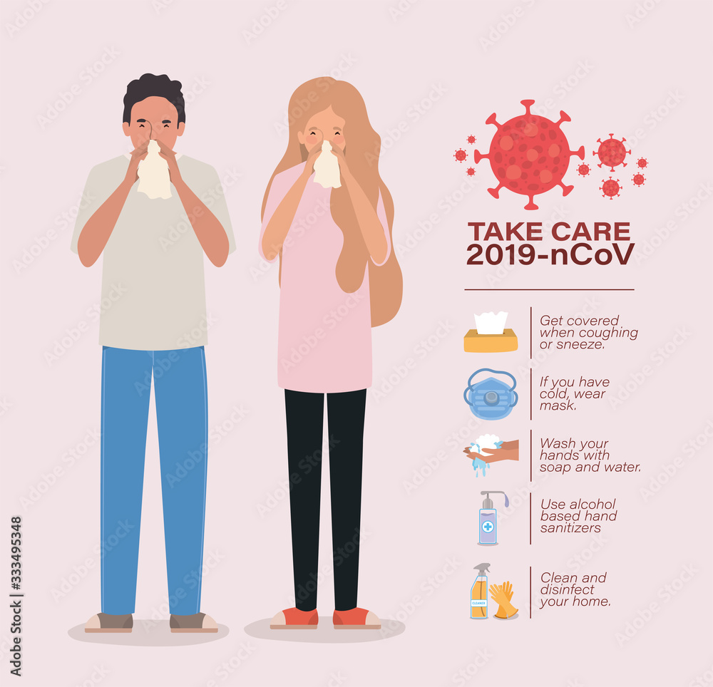 Avatar woman and man take care 2019 ncov virus vector design
