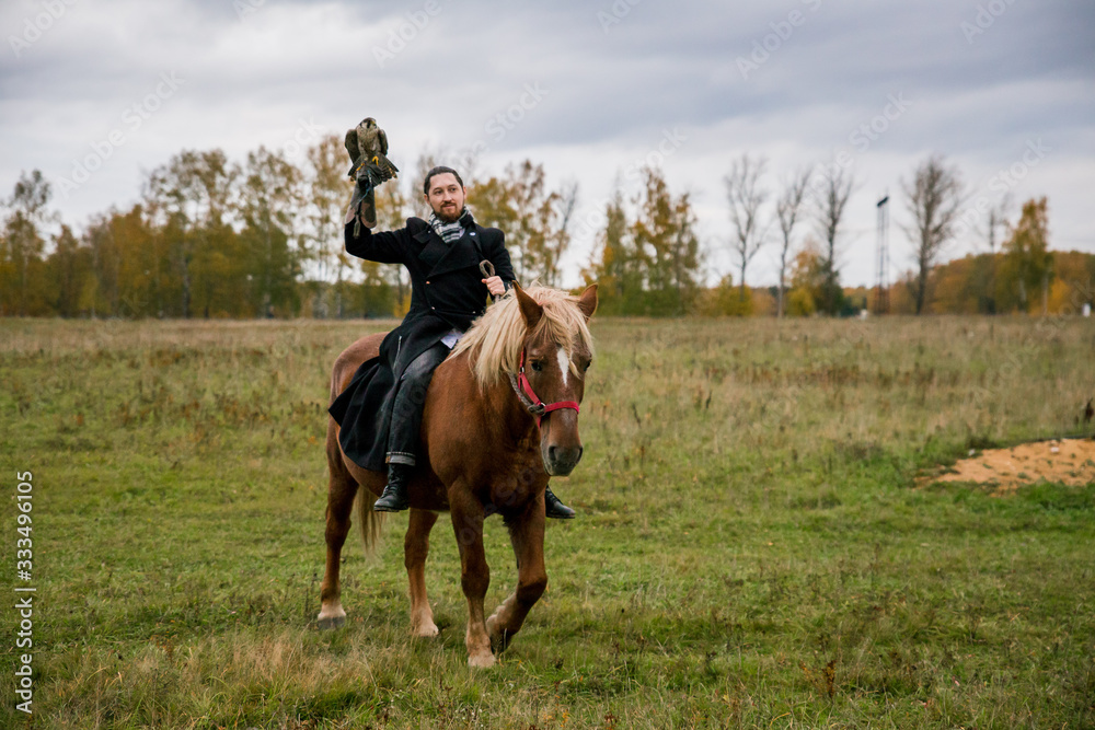 The concept of falconry. A man with a leather glove and a beautiful Falcon on handon a chestnut, red, and red horse The concept of falconry. A man with a leather glove and a beautiful Falcon on handon a chestnut, red, and red horse