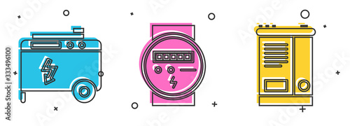 Set Portable power electric generator, Electric meter and Car battery icon. Vector