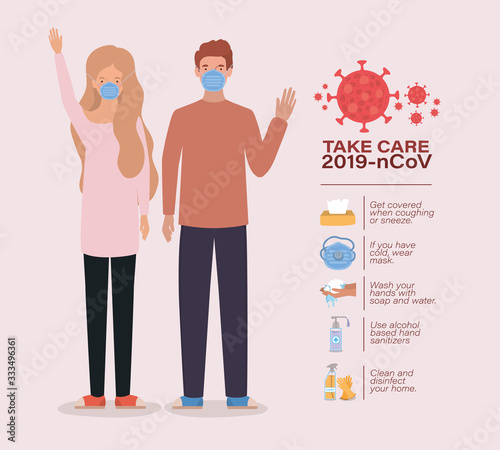Avatar woman and man take care 2019 ncov virus vector design