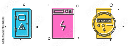 Set Electrical cabinet, Power bank and Electric meter icon. Vector