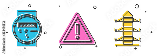 Set Electric meter, Exclamation mark in triangle and High voltage power pole line icon. Vector