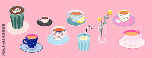 Set of trendy cups with tea or coffee. Hand drawn vector vase, glass and colourful cups with different textures: flowers, dots, stripes. Isolated elements on a pink background. Morning drinks.