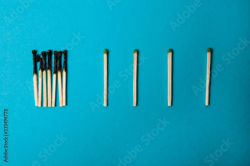 Burnt matches on a blue background. Coronavirus hygiene and distance concept