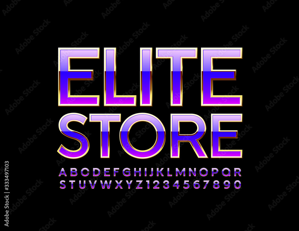 Vector chic logo Elite Store. Purple and Gold shiny Font. Premium Alphabet Letters and Numbers Vector chic logo Elite Store. Purple and Gold shiny Font. Premium Alphabet Letters and Numbers