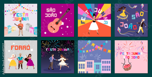 Festa Junina in Brazil. Traditional Brazilian holiday. Latin American summer festival. Set of card designs for web and print, banner and leaflets. Colourful characters celebrating. Trendy illustration