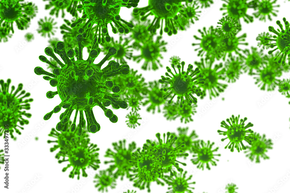 Corona Virus covid-19 In Green on white background ,Microbiology And Virology Concept - 3d Rendering Corona Virus covid-19 In Green on white background ,Microbiology And Virology Concept - 3d Rendering