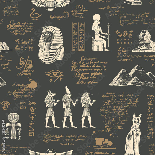 Vector seamless pattern on the Ancient Egypt theme with unreadable notes and hand-drawn images in retro style on the old paper background. Can be used for wallpaper, wrapping paper, fabric.