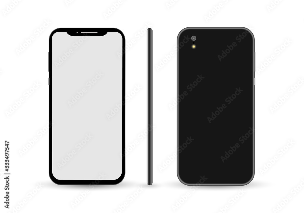 Phone blank screen, different sides of the mockups. Front, Rear and Side View. Mobile phone template with blank screen on white background. Vector illustration Phone blank screen, different sides of the mockups. Front, Rear and Side View. Mobile phone template with blank screen on white background. Vector illustration