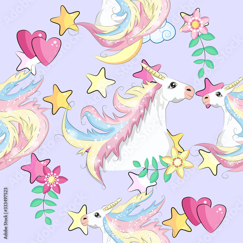 Seamless pattern with unicorns and stars. Baby background.