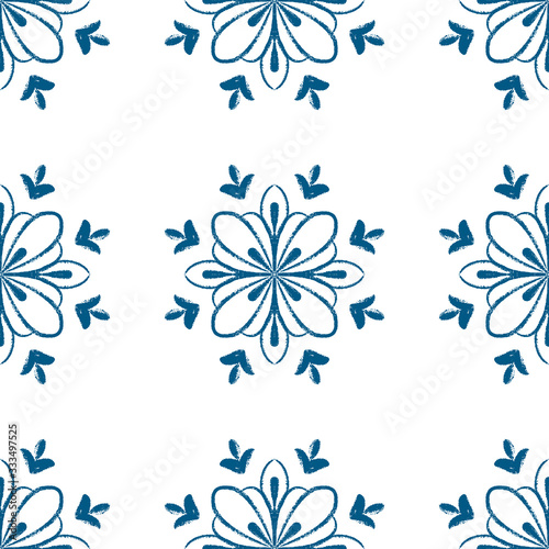 Blue mandala seamless pattern design. Doodle flower illustration.