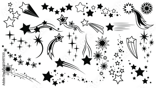 Set of shooting stars. Collection of stylized stars silhouette. Black and white illustration of starfish. Tattoo.