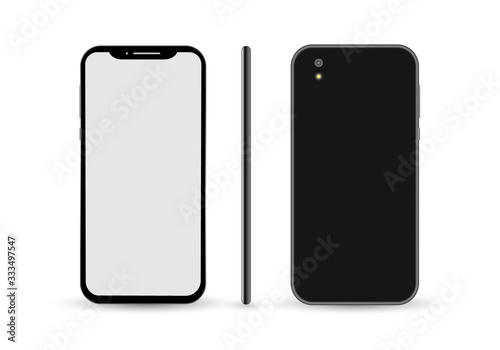 Phone blank screen, different sides of the mockups. Front, Rear and Side View. Mobile phone template with blank screen on white background. Vector illustration