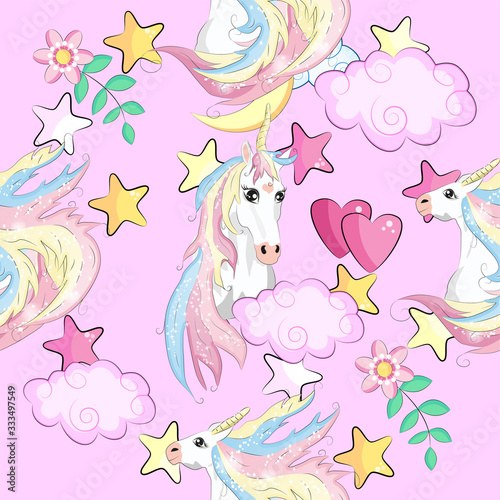 pattern with cute unicorns, clouds,rainbow and stars. Magic background with little unicorns.