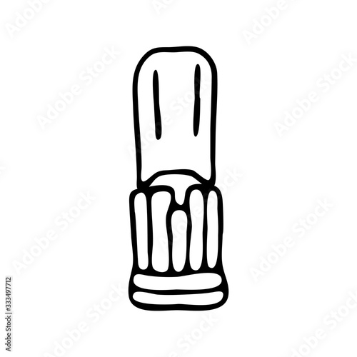 Orthodontic toothbrush with a recess. Personal hygiene products for cleaning external part of dental braces. Vector isolated template flat doodle realistic drawing black outline white background icon.