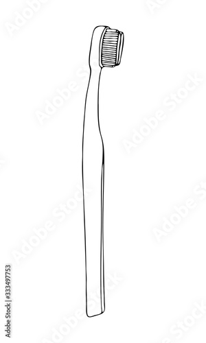 Orthodontic toothbrush with a recess. Personal hygiene products for cleaning external part of dental braces. Vector isolated template flat doodle realistic drawing black outline white background icon.