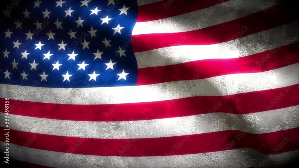 60FPS heavy dark grunge USA flag colored in blue, red, white with aged vintage texture waving, UHD 4k 3d seamless looping video