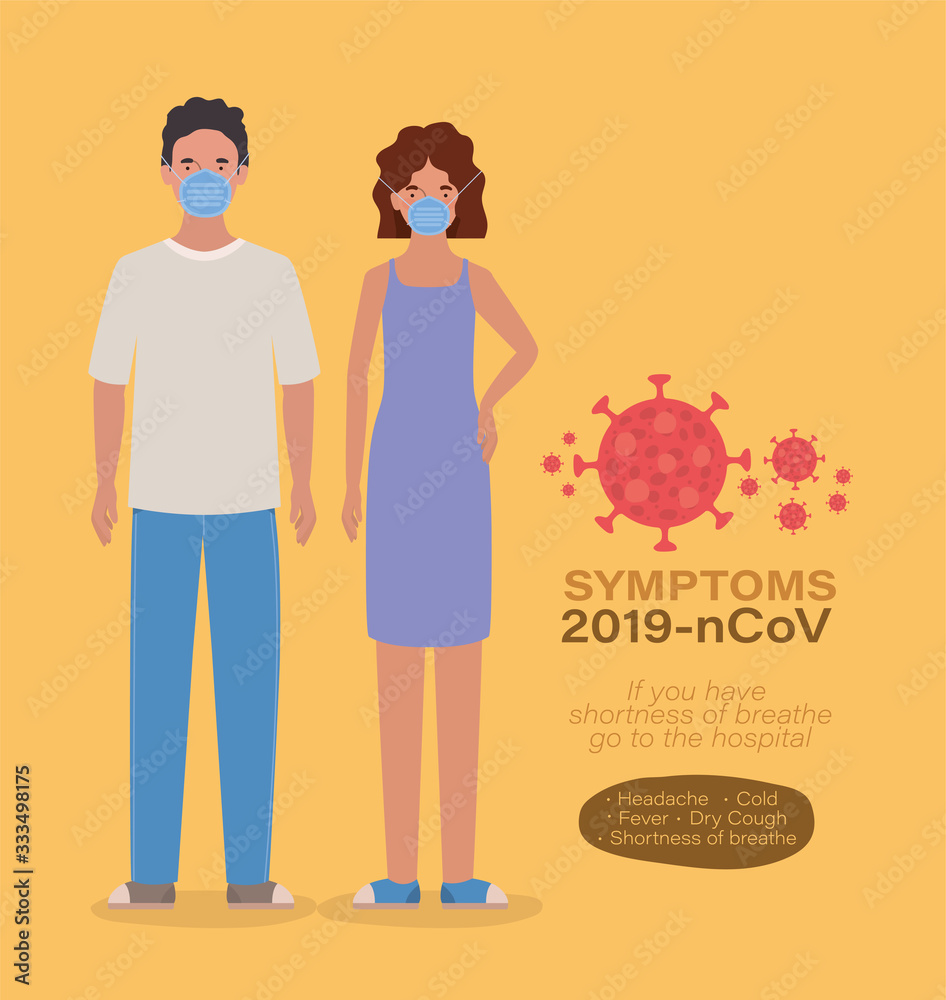 Avatar woman and man with masks 2019 ncov virus symptoms vector design Avatar woman and man with masks 2019 ncov virus symptoms vector design
