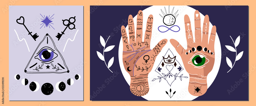 Palmistry and hieromancy. Hand lines and their meanings. Moon phases. Constellations and symbols. Magical hand drawn vector illustration for web and print design. Trendy colourful palmistry hand.