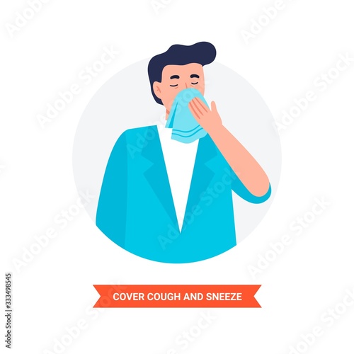 Virus prevention and protection. Cover cough and sneeze. Coronavirus alert. Isolated vector illustration in flat cartoon style.