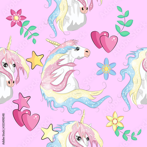 pattern with cute unicorns  clouds rainbow and stars. Magic background with little unicorns.