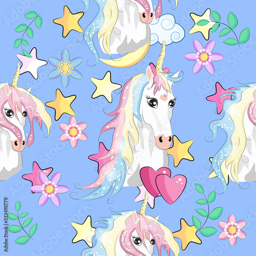 pattern with cute unicorns  clouds rainbow and stars. Magic background with little unicorns.