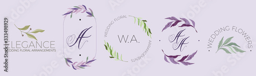 Minimalistic modern branch logo design floral elements. Purple and green leafs. Green olive and dark berries. Line oval frame, circular logo, Calligraphic handwritten A letter. Feminine vector items.