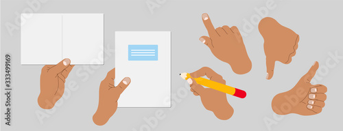 Business, office, finance vector illustrated hands. Modern trendy drawings of hands holding notes, small and big note books, pencil. Different hand signs, gestures. Web / App design infographics.