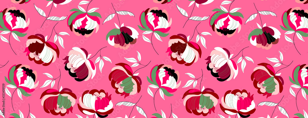Rich big pink peonies seamless flower pattern. Mustard yellow background. Hand-drawn modern illustration of big flowers with white leaves on a solid colour. Fabric, web, app, stationery design asset. 