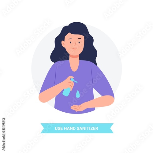 Virus prevention and protection. Woman uses hand sanitizer. Coronavirus alert. Isolated vector illustration in flat cartoon style.
