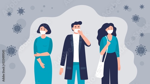 Group of coworkers wearing medical masks to prevent disease virus Covid-19. Modern vector illustration in a flat style.