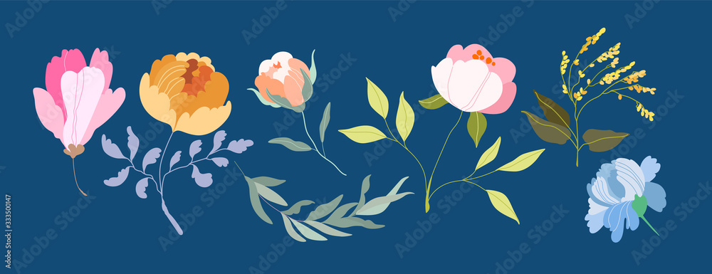 Set of vector Flowers. Elegant feminine eucalyptus, wild purple peonies, violet branch, branches with berries. Variety of garden botanics for web, app, pattern and logo design. Modern illustration.