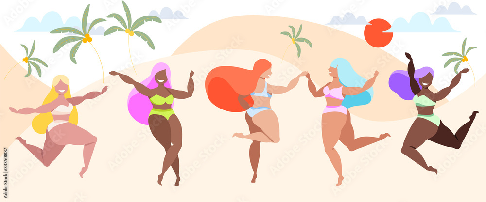 Female characters in swimsuits dancing on the beach. Summertime, sun, clouds and palm trees. Variety of skin tones, hair styles and colours. Trendy vector illustration of dancing girls. Web app design
