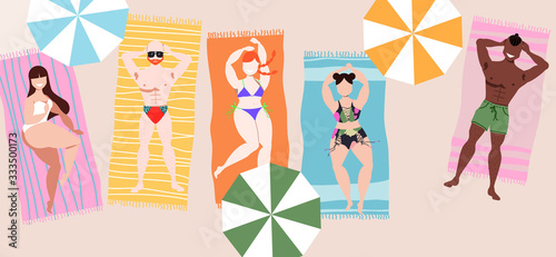 People sunbathing on the beach. Top down view. Male and female characters laying on the towels. Pale and dark skin people and parasols. Young women and men. Summer has just started. Vector art for web