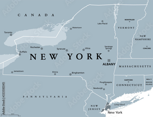 New York State (NYS), gray political map, with capital Albany, borders and important cities. State in Northeastern United States of America. English labeling. Illustration on white background. Vector.