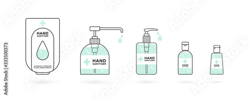 Hand sanitizer containers icon set. Washing alcohol gel used against viruses, bacteria, flu, coronavirus. Waterless hand cleaner. Handwashing. Black outline. Vector illustration, flat design