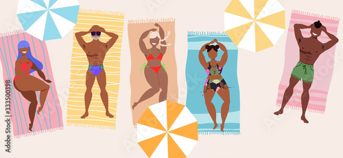 People sunbathing on the beach. Top down view. Male and female characters laying on the sand. People characters and parasols. Young women and men. Vector illustration for web and print design.