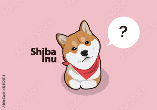 Little Shiba Inu with red scarf lay down on the floor and has a question thinking balloon, designing with flat color style. Minimal art but various usage.
