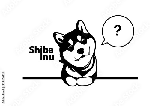 Little Shiba Inu in black & white style lay down on the floor and has a question thinking balloon, designing with flat color style. Minimal art but various usage.